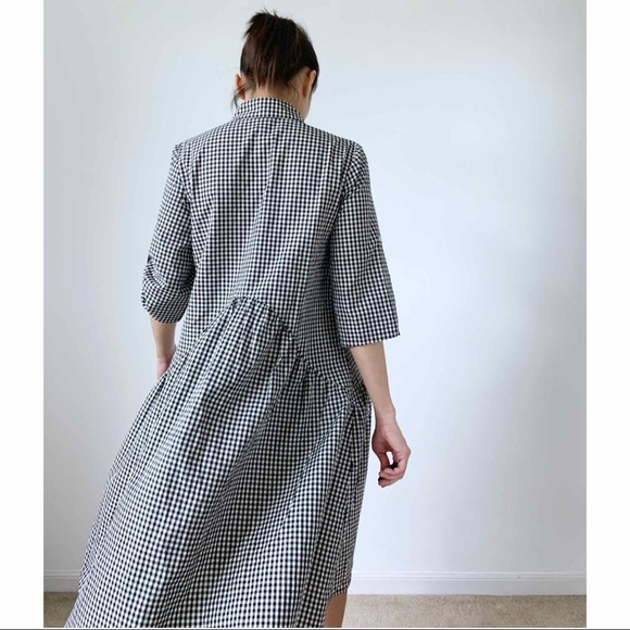 BLACK WHITE GINGHAM PLAID BUTTON DOWN MIDI DRESS - Picture 3 of 8